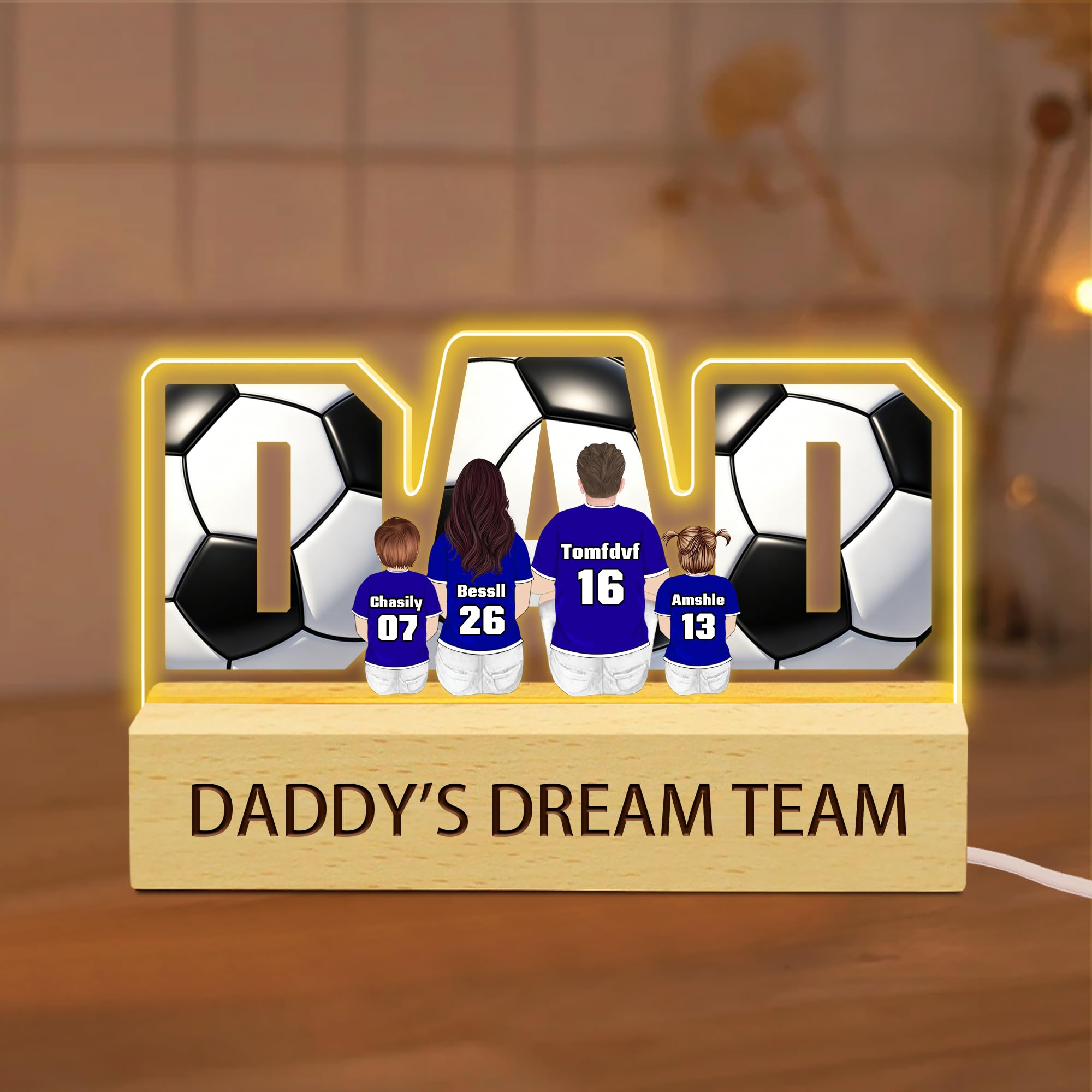 Daddy's Dream Team Personalized Soccer Acrylic Led Night Light, Custom Soccer Dad Acrylic Plaque Light with Family Name, Father's Day Birthday Decor Gift for Papa Dad Husband Sports Players (Style 07)