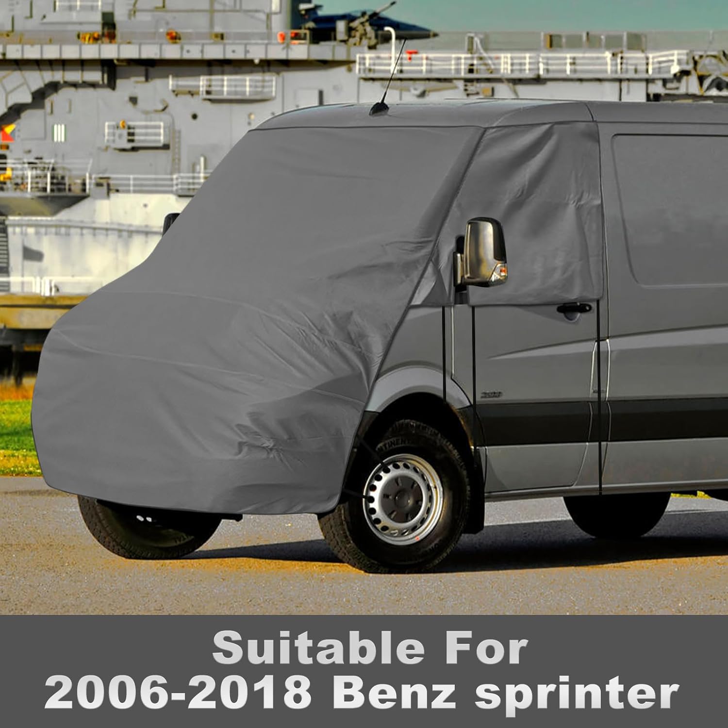 Windshield and Engine Sunshade Cover Compatible with 2006-2018 Benz Sprinter, for UV Protection & Privacy Shield, Gray with Mirror Cutouts