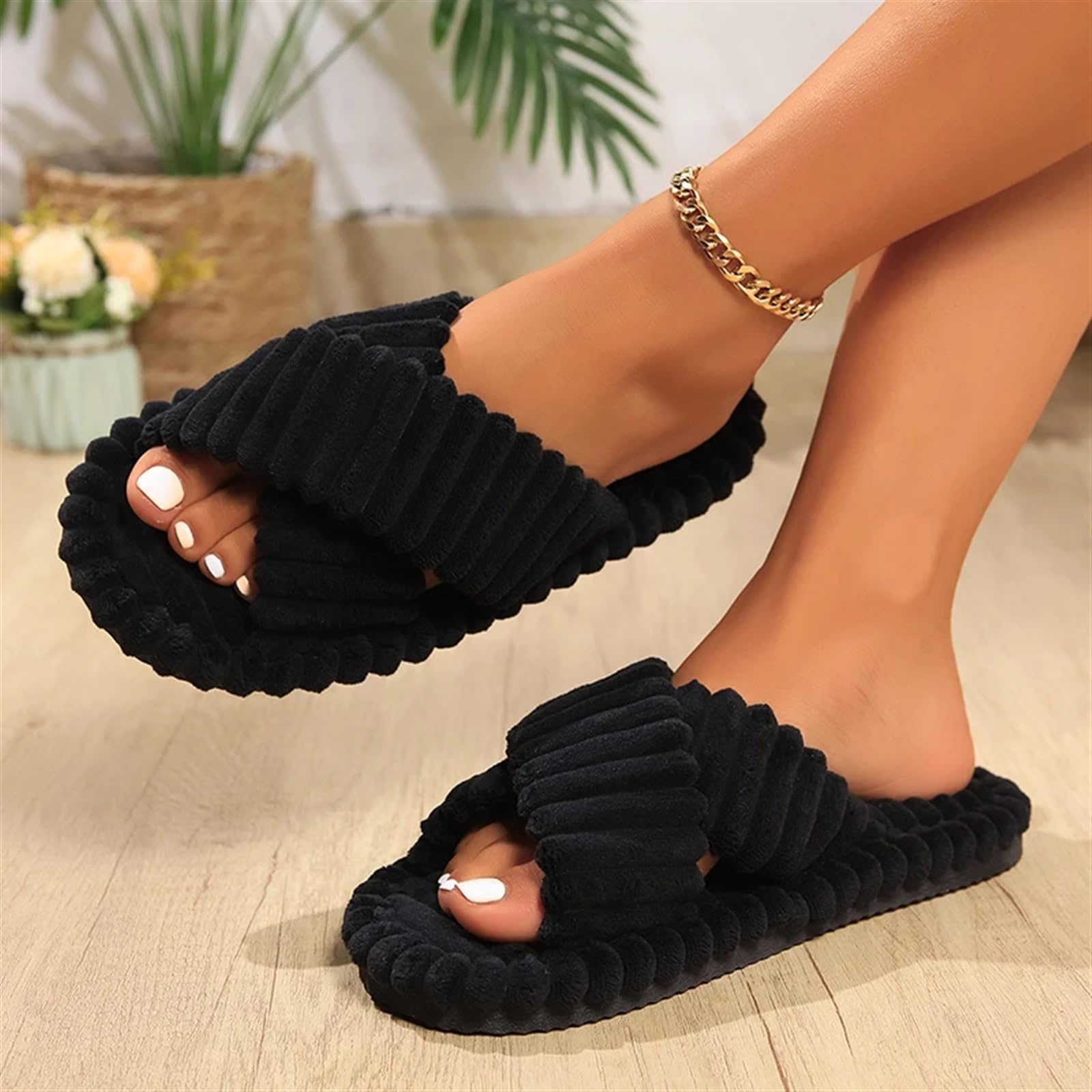 Ciabatte Donna Invernali Pantofole da casa con fascia incrociata in velluto a coste da donna, autunno inverno, calde e morbide, da donna, da camera da letto, in cotone con suola morbida(White,42-43)
