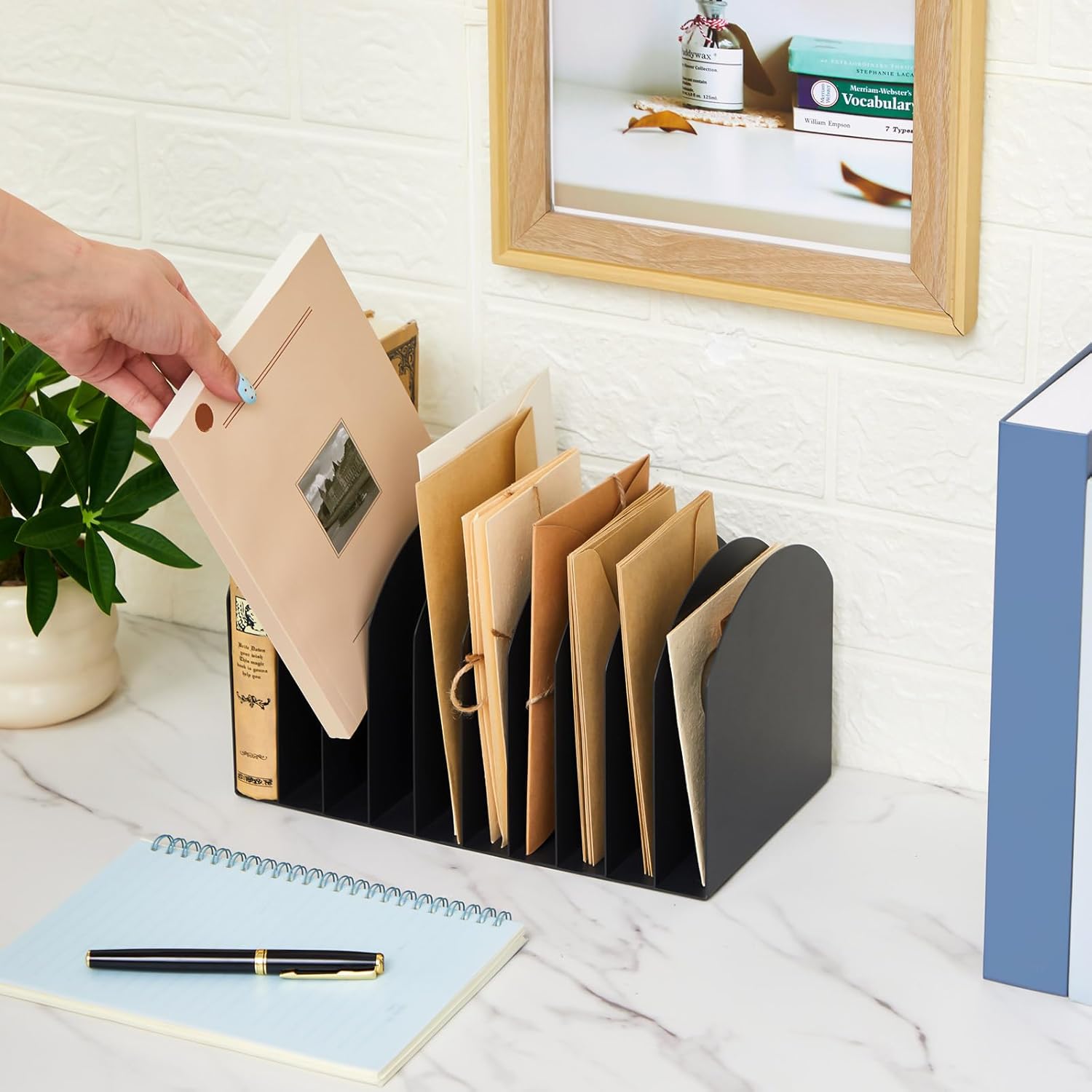 Suzile Metal Desktop File Organizer, 10 Compartments, Vertical File Sorter, Black, 10.63 L x 5.79 W x 5.41 H, Office, Reception Areas, Workspace