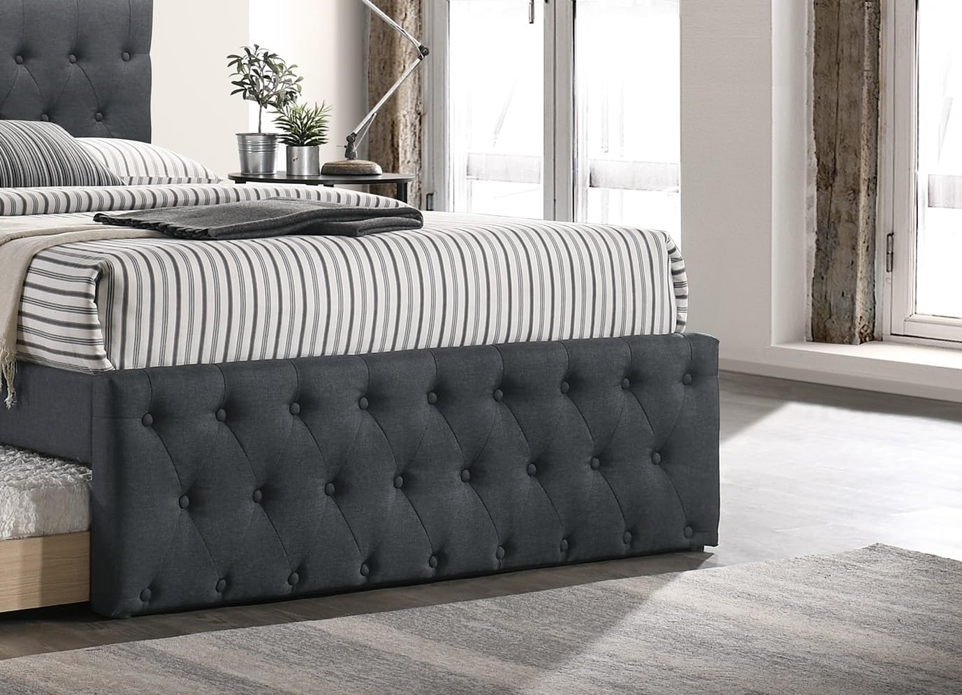 Contemporary Full Size Bed w, Trundle Slats Charcoal Burlap Upholstered Button Tufted Headboard Footboard Youth Bedroom Furniture Wooden Slats 1pc Bed