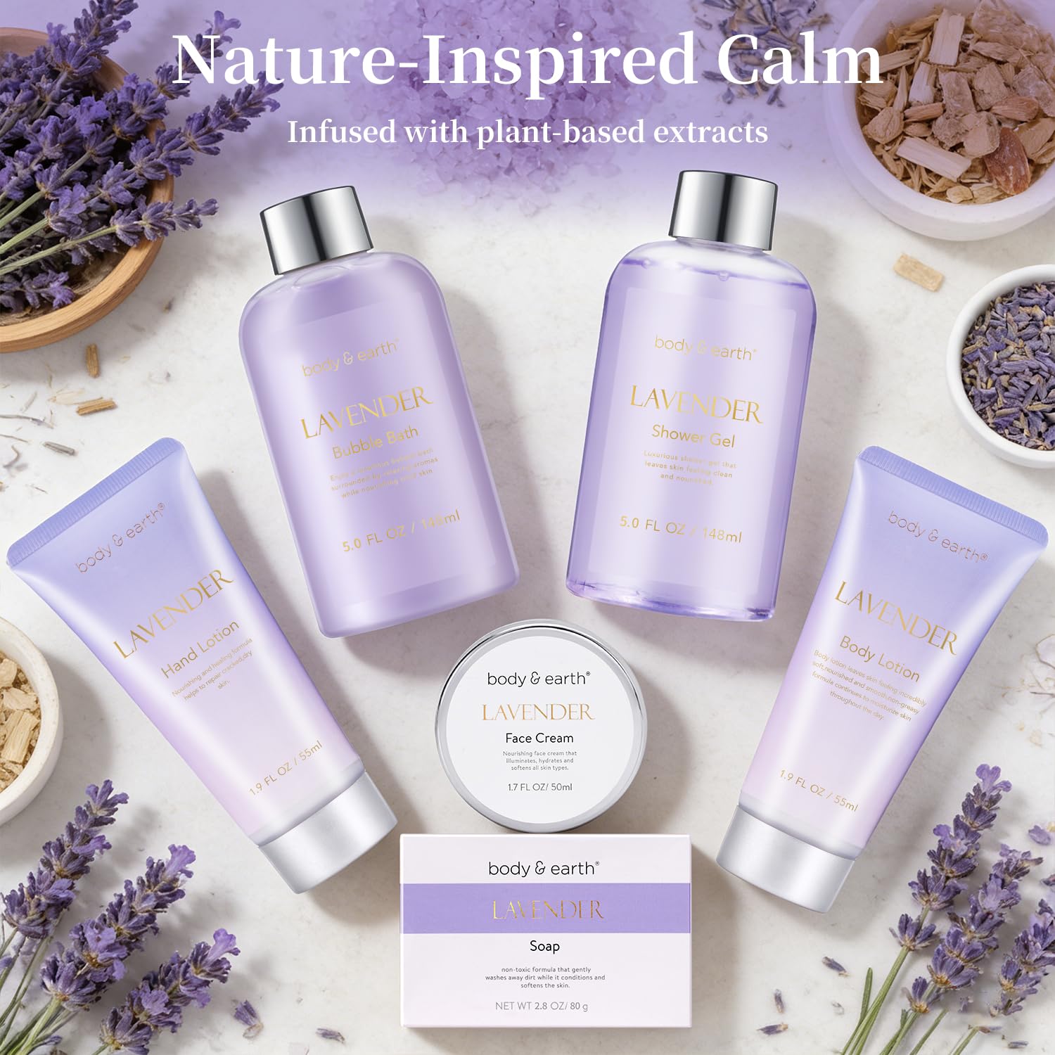 BODY & EARTH Bath and Body Gift Set - 6 Pcs Lavender Bath Kit for Women Spa Set, Perfect Birthday, Mother's Day, Valentine's Day Gift Set for Women Includes Bubble Bath, Shower Gel, Body Lotion - Image 5