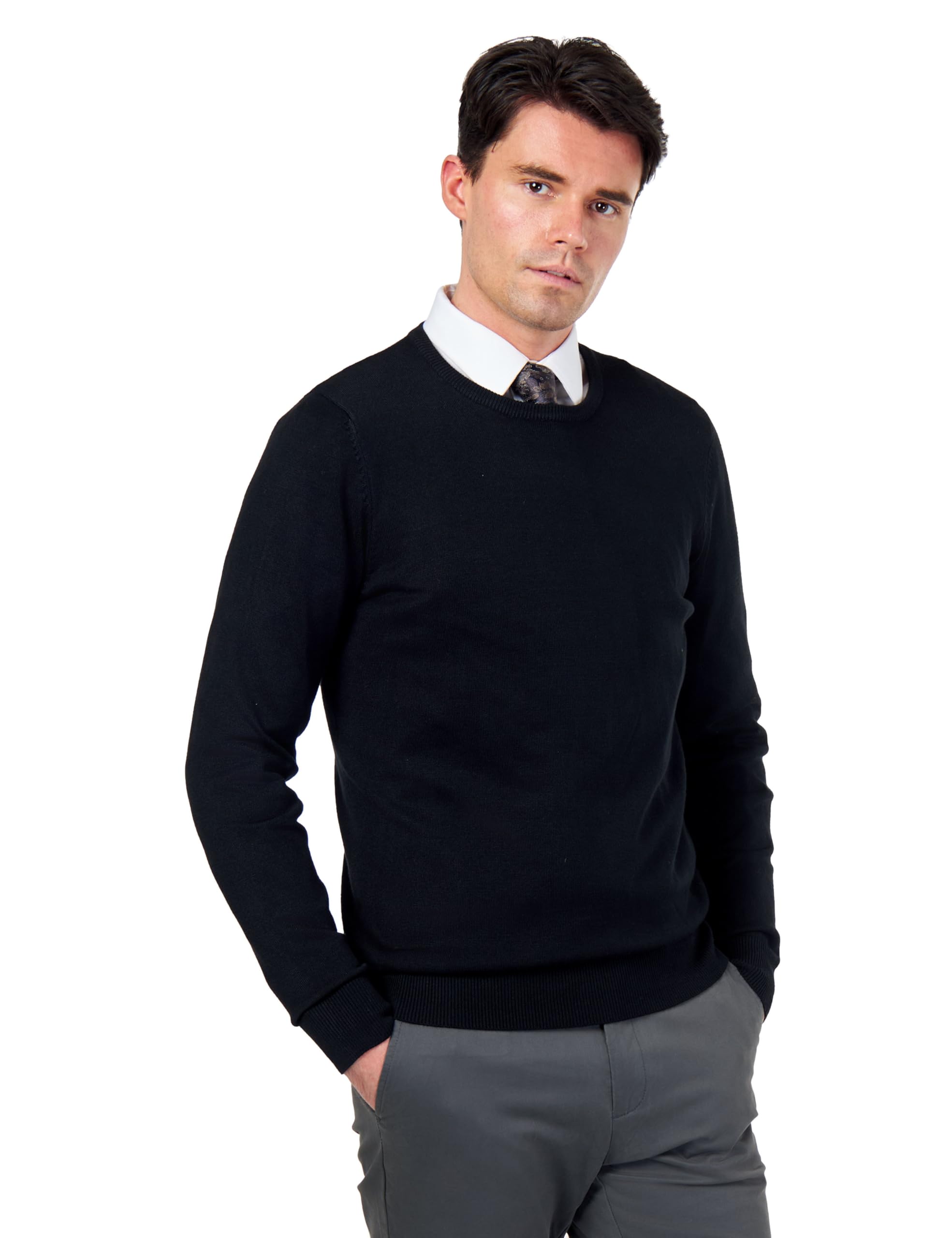 Mens Pure Cotton Black Round Crew Neck Jumper Classic Fine Knit Lightweight Pullover Sweater [JUMPER-CREW-NECK-542-BLACK-2XL]