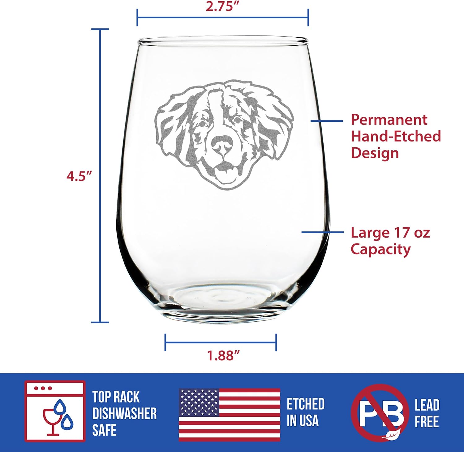 Custom Bernese Mountain Dog Face Stemless Wine Glass - Cute Dog Themed Decor and Gifts for Moms & Dads of Berneses - Large 17 Oz - Customized Glasses