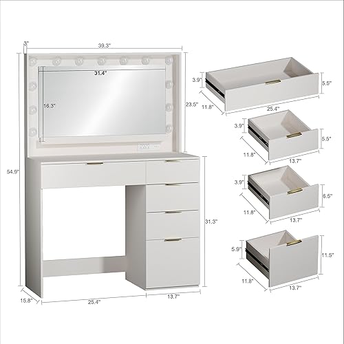 Miniatura 6 de Makeup Vanity Desk with Large Mirror and 13 LED Lights, 39.3in Vanity Table with Power Outlet & 5 Drawers, 3 Lighting Color Adjustable, Vanity Desk