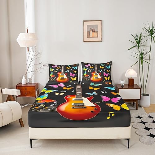 Miniatura 2 de Erosebridal Juego de ropa de cama de guitarra, bolsillo profundo, sábanas de notas musicales de mariposa, tamaño Queen, sábana bajera ajustable de