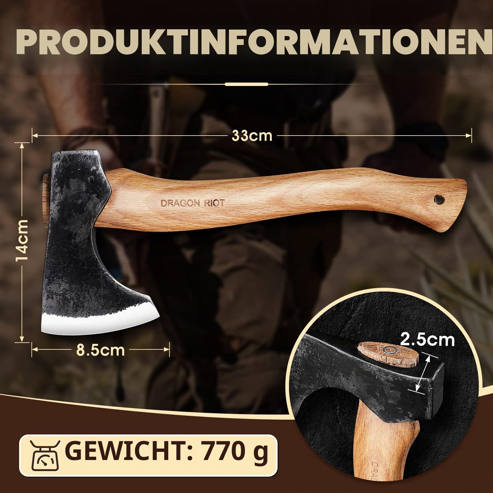 DRAGON RIOT Camping Axt mit Scheide, 33cm Beil zum Holzspalten für Outdoor