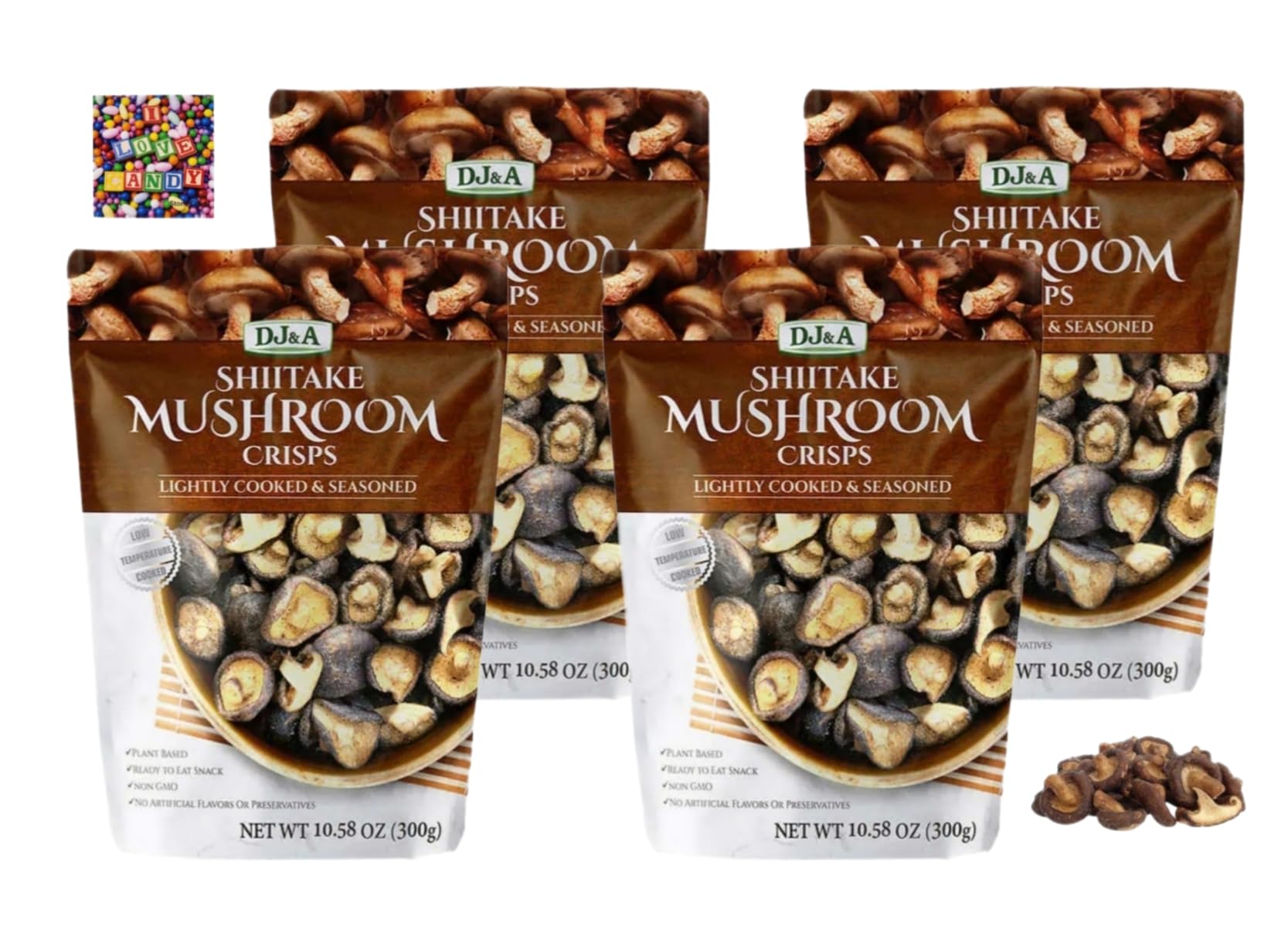 DJ&A Shiitake Mushroom Crisps Bundle - 4 Bags - 10.58 oz each, Non GMO, No Preservatives, or Artificial Flavors - Comes With Stone Cove Fridge Magnet