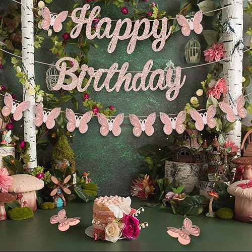 Miniatura 2 de Guirnalda de mariposa de feliz cumpleaños, guirnalda de oro rosa para niñas, fiesta de cumpleaños de mariposas, jardín de hadas, decoración de