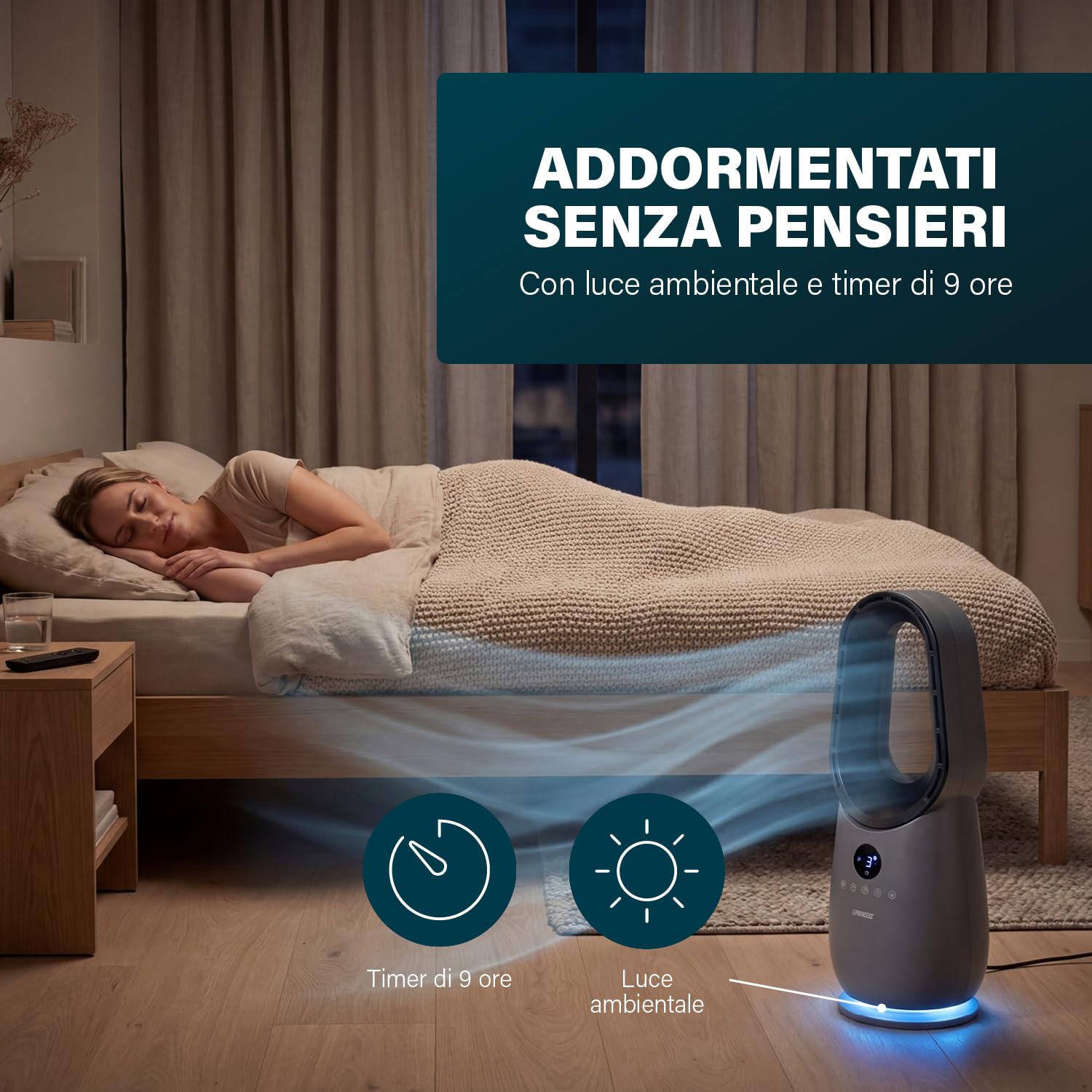 Princess Ventilatore senza pale – 60 W – Luce d’ambiente – Basso consumo – Oscillazione a 75° – 3 velocità – 351582