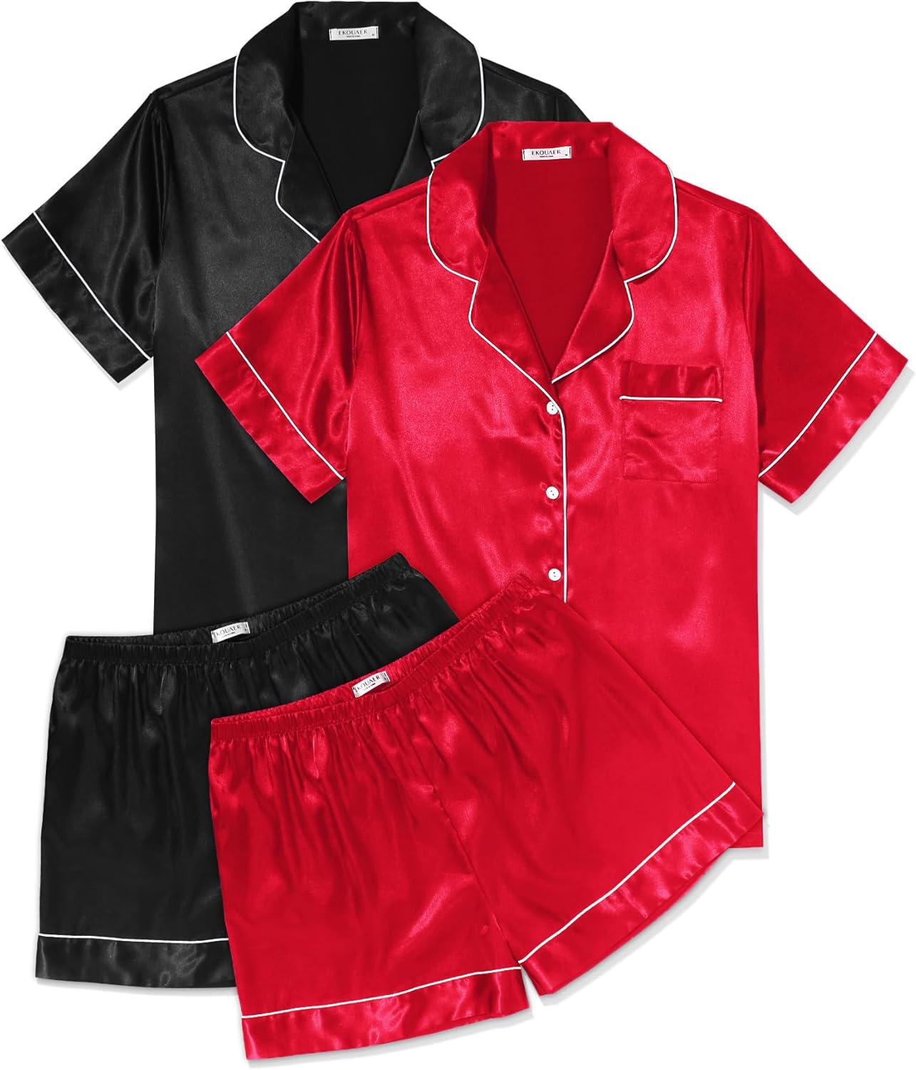 Ekouaer 2 Pack Pajama Sets for Women Silk Satin Pj Short Sleeve Button Down Sleepwear Top and Shorts Summer Lounge Set S-XXL