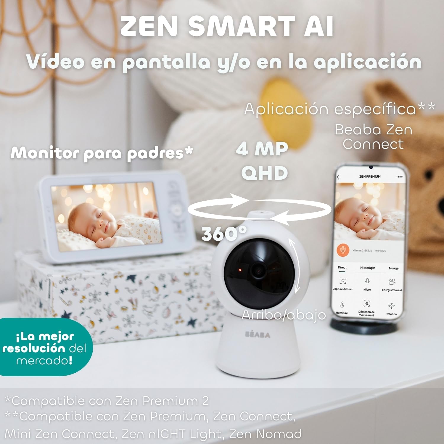 Béaba Zen Smart AI – Vigilabebés con Cámara De Video 3 En 1, Cámara 360° Full QHD 4MP, Pantalla HD 720p, App Móvil, IA Detección De Giro, Visión Nocturna, Luz Nocturna, Walkie Talkie, VOX, Blanco | Cámara 360° Full QHD 4MP, Pantalla HD 720p, IA Detección