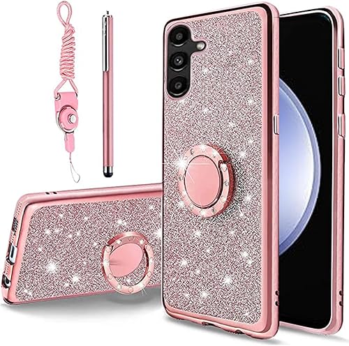 B-wishy Para Samsung Galaxy S23 FE Glitter Crystal Butterfly Heart Floral Slim TPU Luxury Bling Cute Funda protectora con soporte + correa para