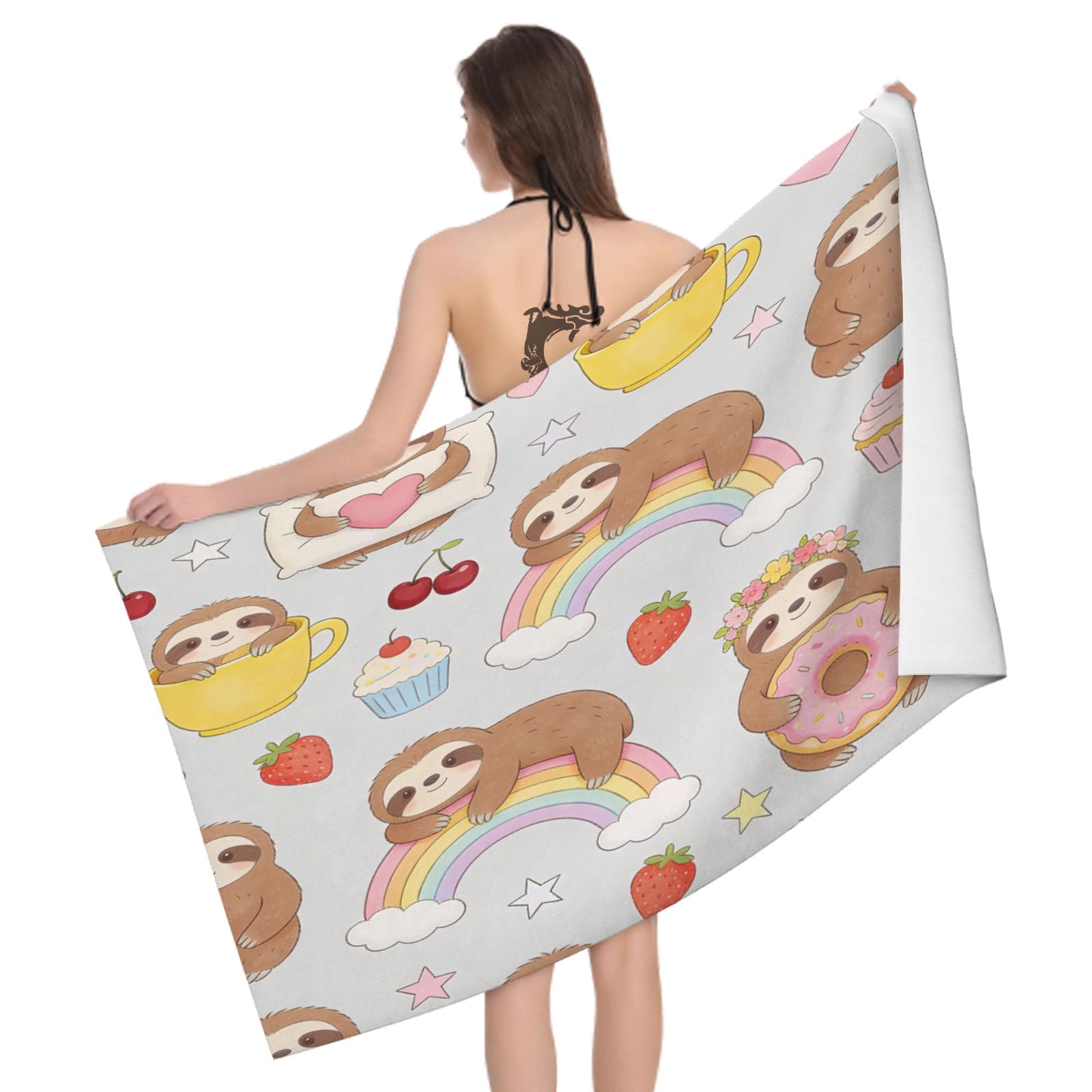 Leichong 3D Sloth Beach Towel Microfiber Soft Quick Dry for Adults, Cherry Bath Towel Lightweight Soft Absorbent for Travel Swimming Pool Sports, 75 x 150 cm