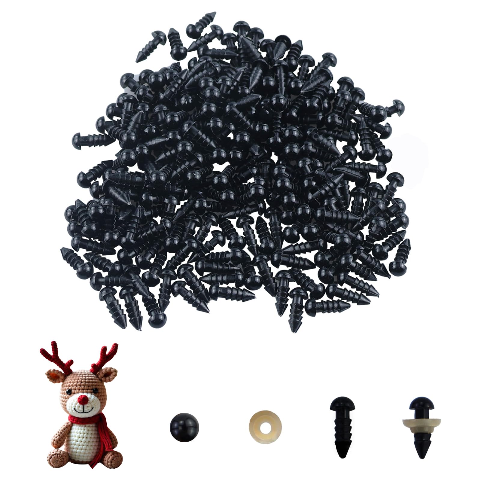 220 Occhielli di Sicurezza per Animali all'Uncinetto, in plastica, 6 mm, Colore Nero, Amigurumis, Occhi per Animali di Peluche, Occhi delle Bambole con rondelle Peluche Fai