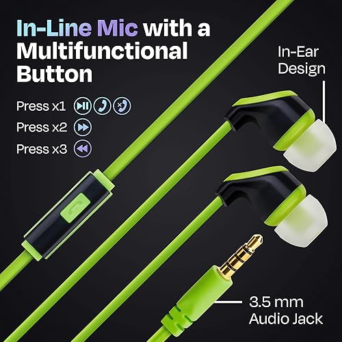 Miniatura 2 de JustJamz Paquete de 10 auriculares con cable con micrófono, auriculares a granel para aula, oficina o viajes, auriculares con aislamiento de ruido