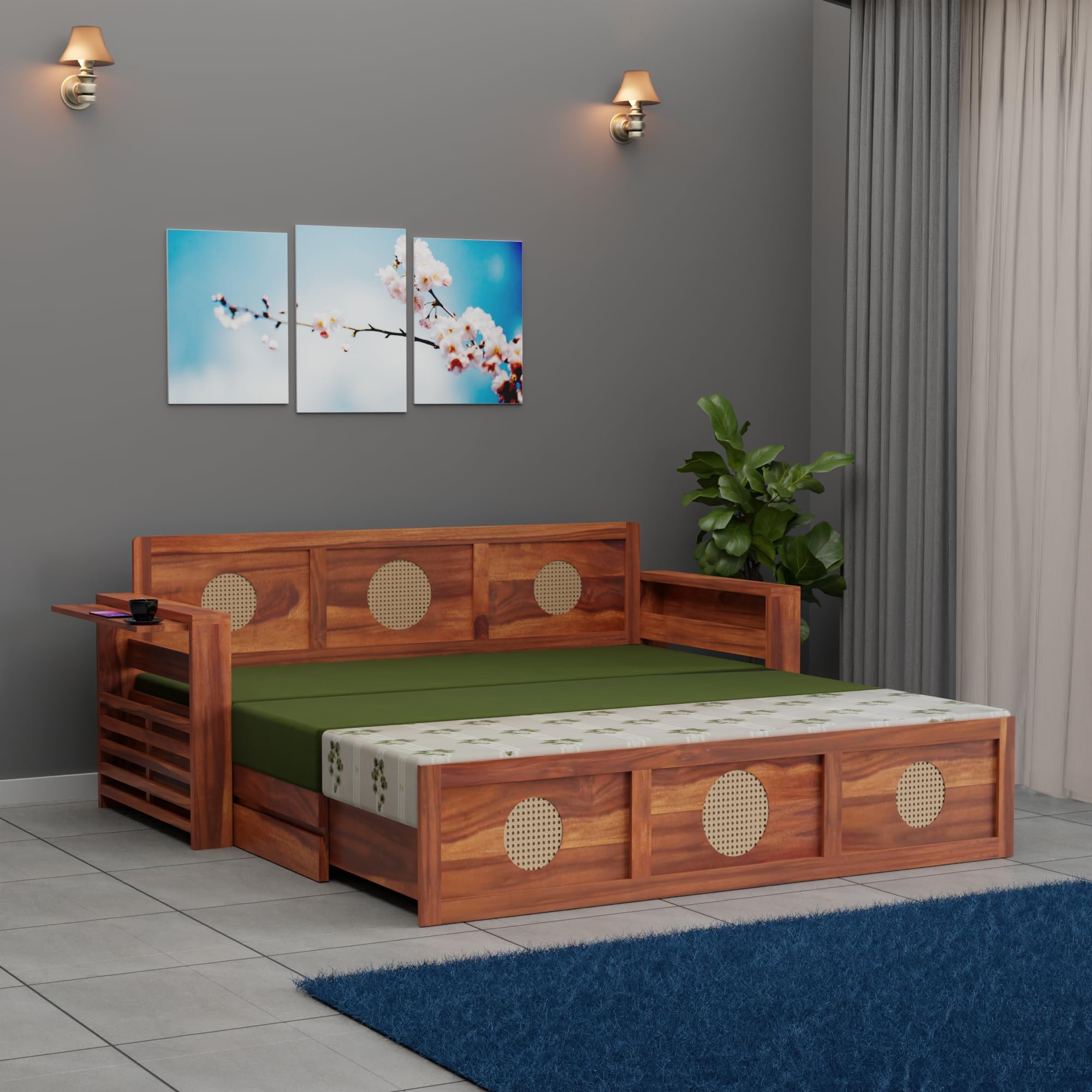 - Solid Sheesham Wooden Sofa Cums Bed with Headboard, Mattresses and Mini Storage for Living Room Rosewood 3 Seater Sofa Cums Bed for Bedroom Without Pillow (D-Honey)