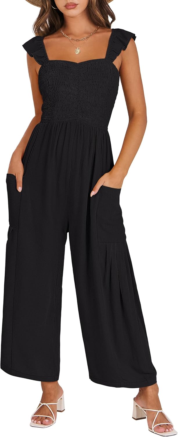 ANRABESS Jumpsuits for Women Dressy One Piece Summer Outfits Wide Leg Sleeveless Smocked Romper Jumpers Casual Beach Overalls