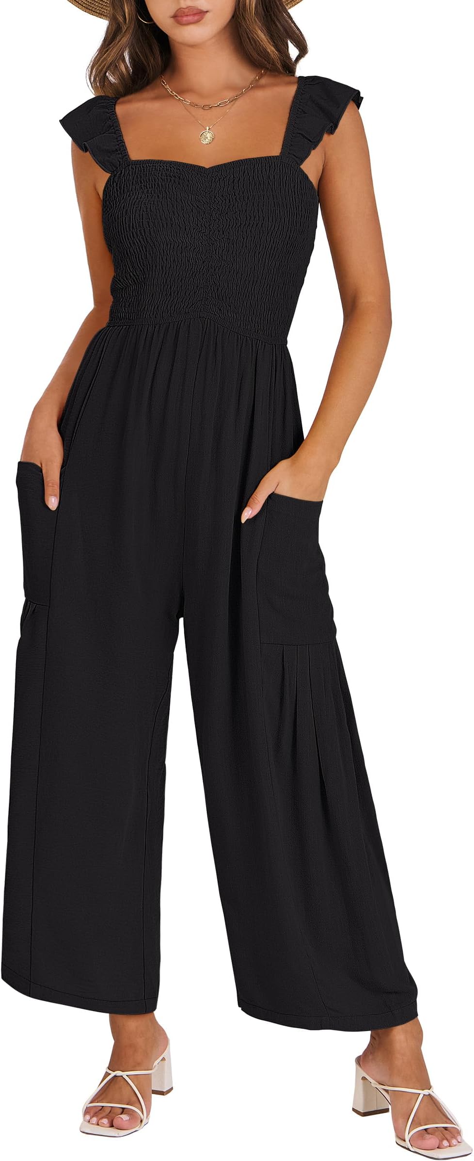 ANRABESS Jumpsuits for Women Dressy One Piece Summer Outfits Wide Leg Sleeveless Smocked Romper Jumpers Casual Beach Overalls