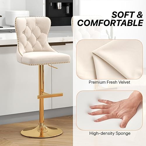 Miniatura 4 de Juego de 4 taburetes de bar, taburetes giratorios de terciopelo con respaldo copetudo, asiento ajustable con ribete de cabezas de clavos, sillas de