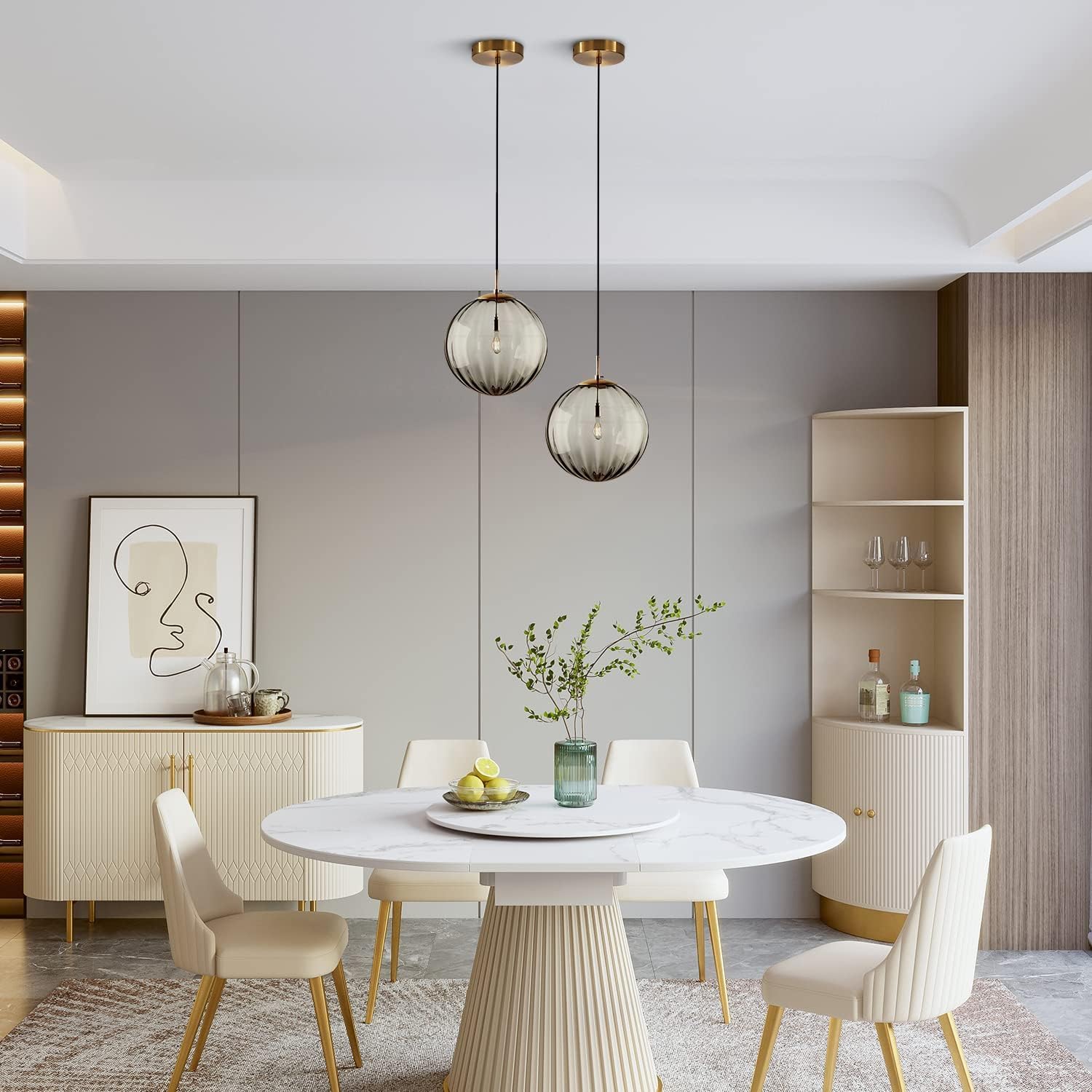 KCO Lighting Mid Century Modern Globe Pendant Light Smoke Mini Vintage Grey Glass Pendant Lighting 1-Light Single Globe Chandelier Farmhouse Kitchen Island Light Fixtures (Smoke Gray-7.9”)