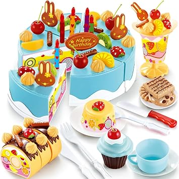 75PCS DIY Cutting Cake Set - Kids Play Kitchen Food Pretend Play Toy - Best for Girls Birthday Party Gift 75PCS Blue
