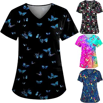 OIOLOYJM Printed Scrub Tops Women V Neck Short Sleeve Plus Size Scrubs for Womens Nursing Uniforms Shirts with Pockets
