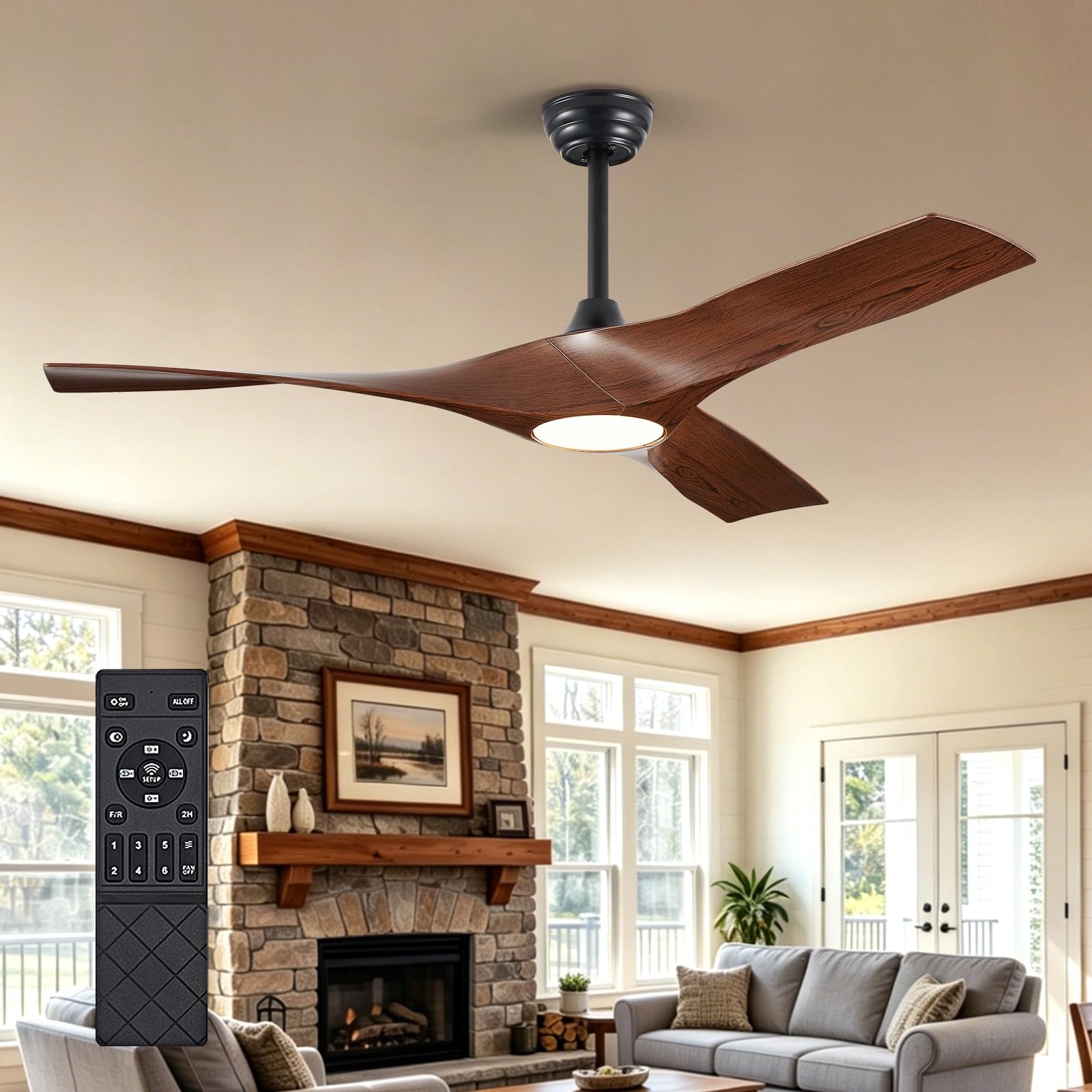 Depuley Modern Ceiling Fans with Lights: 52 Inch Walnut Ceiling Fan with Remote Control f…