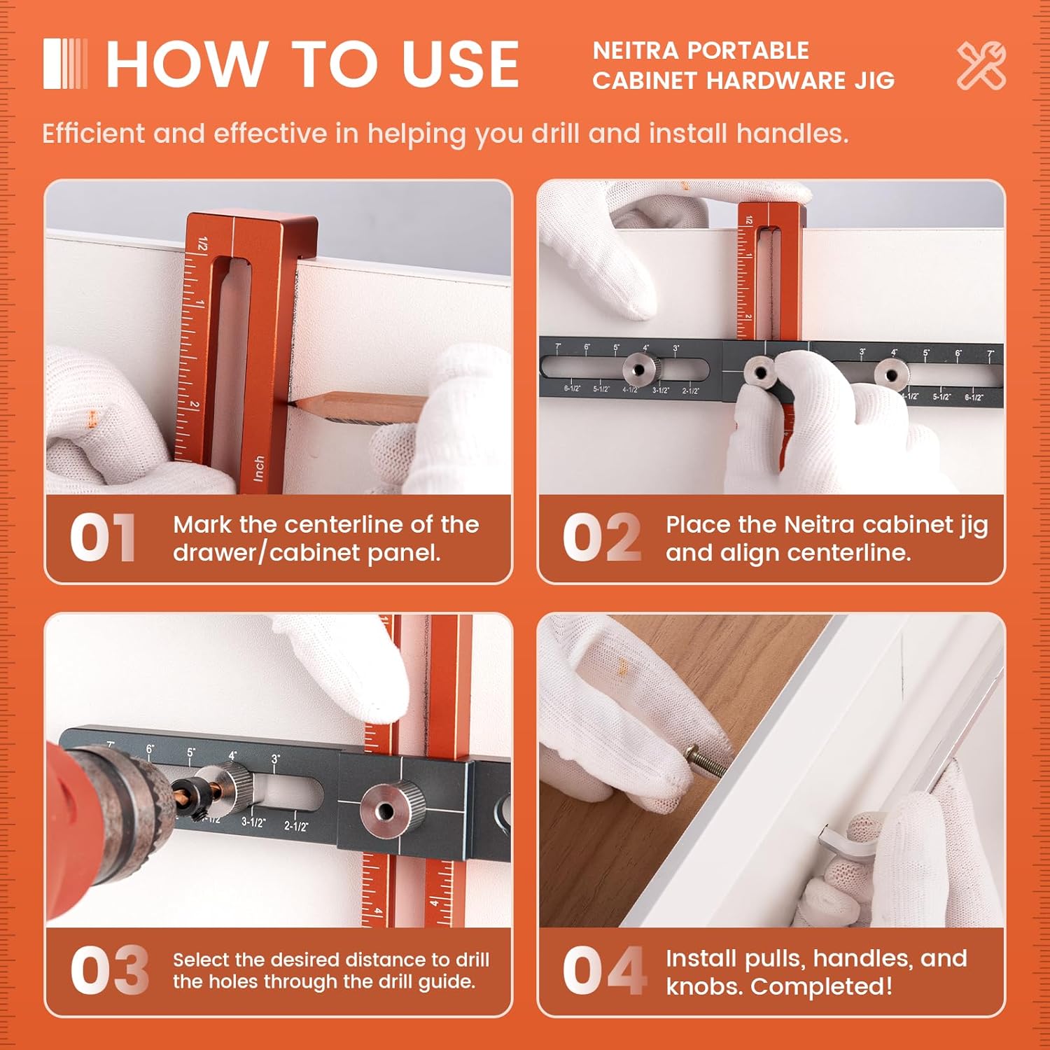 Neitra Cabinet Hardware Doweling Jig, 2.5-Inch to 7-Inch Hole Spacing Adjustable All-Metal Template Tool with Drill Guides and Depth Gauge for Installing Kitchen Drawer Handles, Pulls, and Knobs