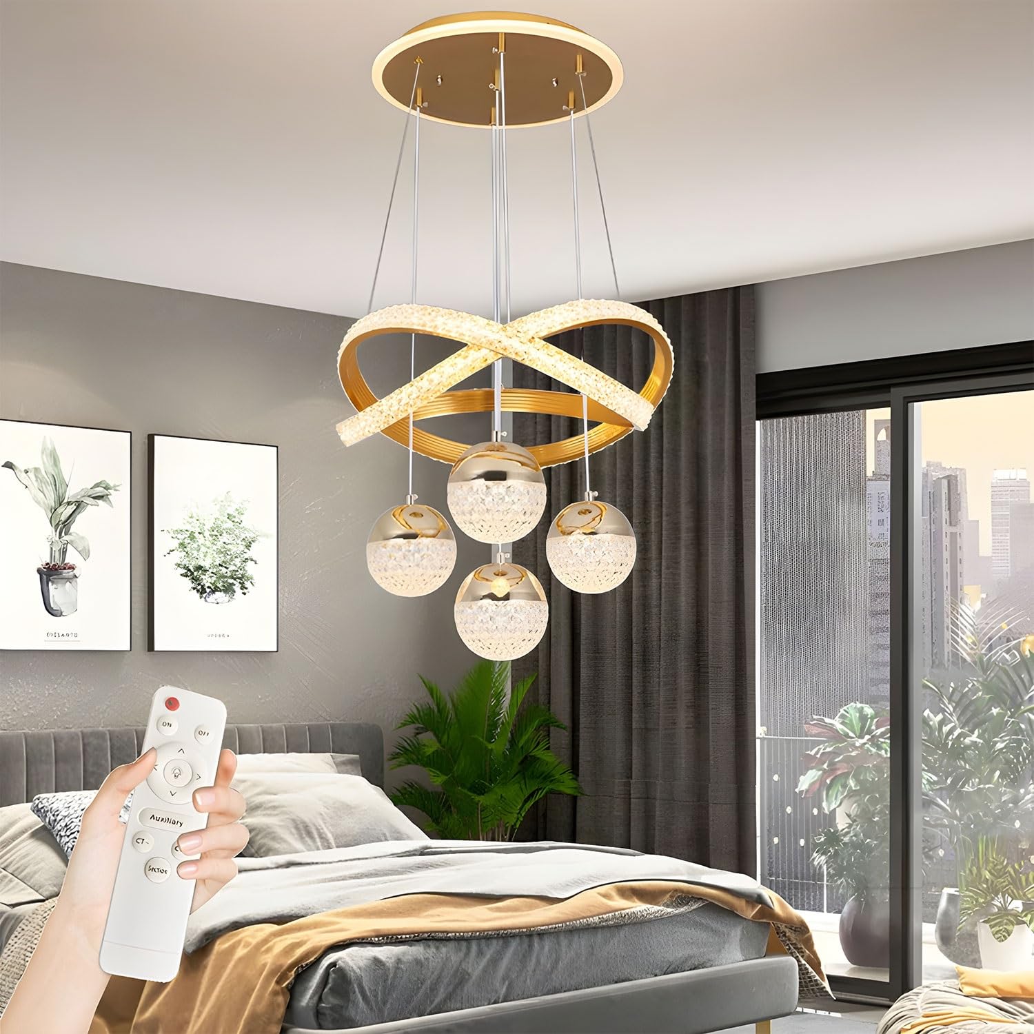 LYMSXAZOU Crystal Chandeliers,Dining Room Light Fixture,Modern Chandelier，Dimmable Led Pendant Light, for Living Bedroom Kitchen Island with Remote,Height Adjustable Ceiling Lamps(Color:Gold)