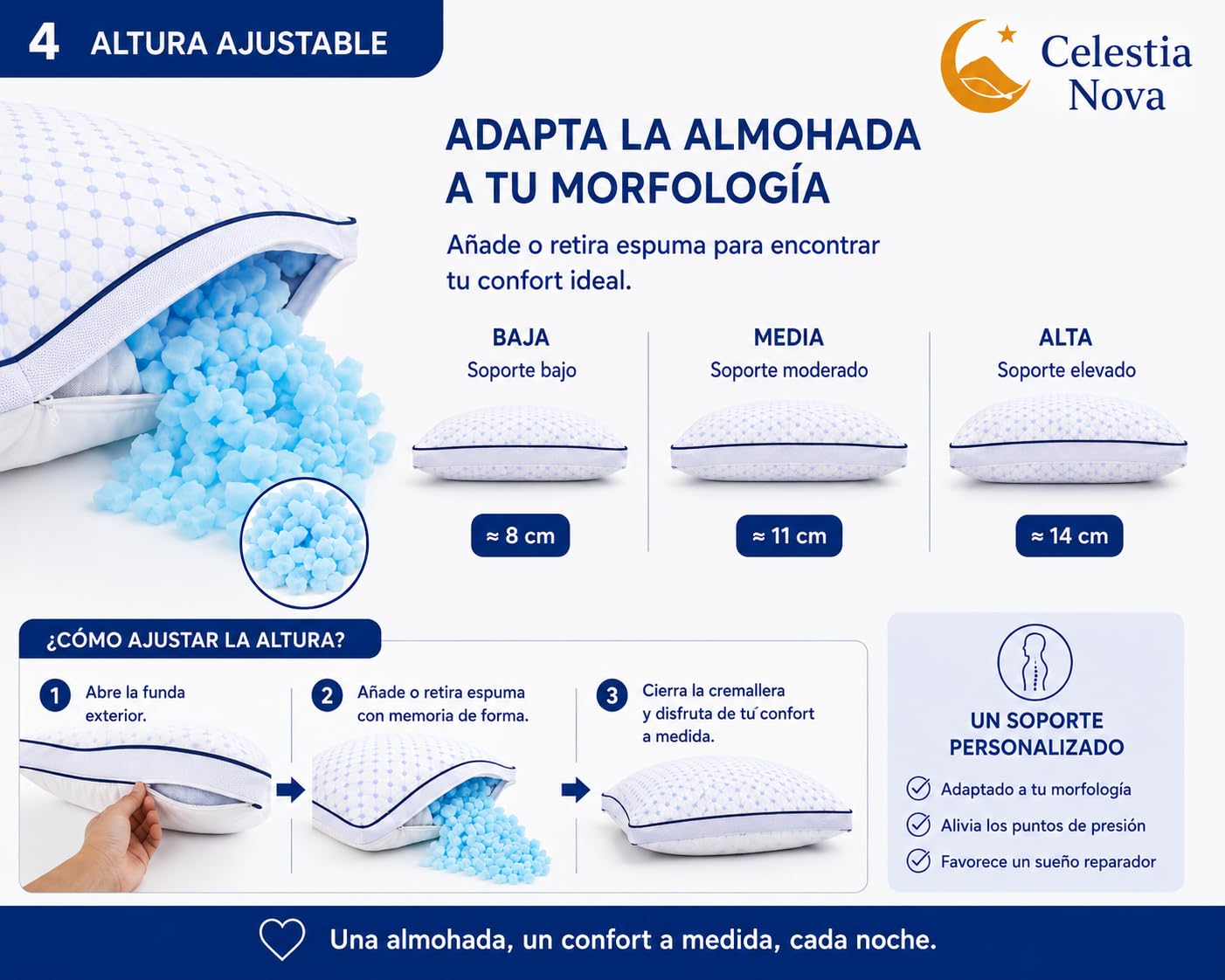 Celestia Nova Almohada ergonómica de Memoria para el Cuello Almohada ortopédica Ajustable para el Dolor de Cuello y Soporte en el Cuello – Doble Cara Fresca – Funda Lavable – 60x50 cm