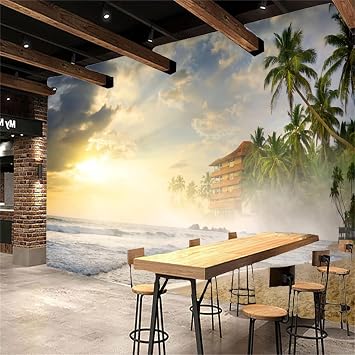 Tropical Coast Sea Waves Wall Mural, Misty Sand Palm Tree Beach Removable Wallpaper, Modern Large Sticker Foil Wall Decor for Hotels Living Room TV Background Wall