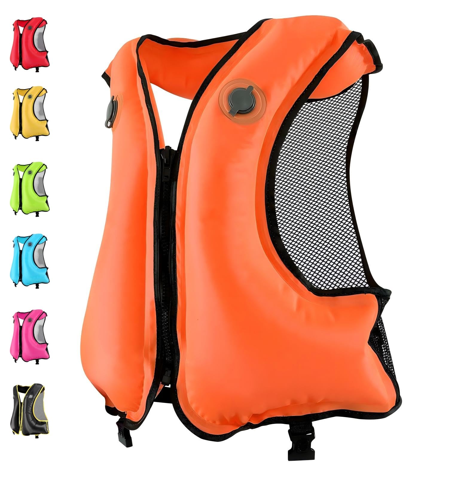 FORWEWAY Adults High-Visibility Inflatable Swimming Jacket Adjustable Buoyancy Vest with Dual Air Chambers for Surfing Kayaking Diving Water Safety (Orange)