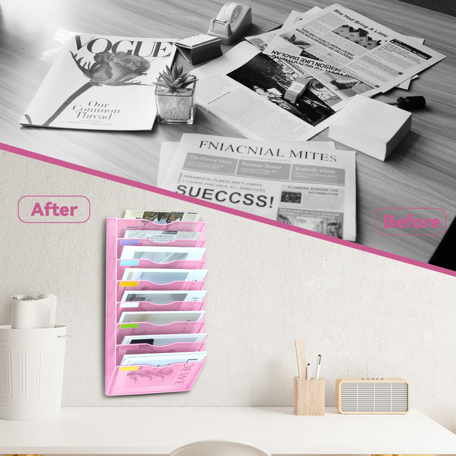 Organizer da parete verticale a 8 ripiani in rete da appendere, per ufficio, scuola, casa, set di ganci per etichette incluso (rosa)