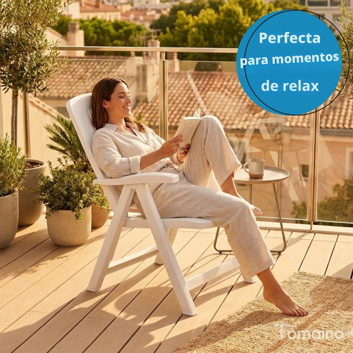 Tomaino Tumbona de jardín plegable de plástico – Sillón para exterior, casa, camping reclinable – 5 posiciones – Con reposabrazos (negro)