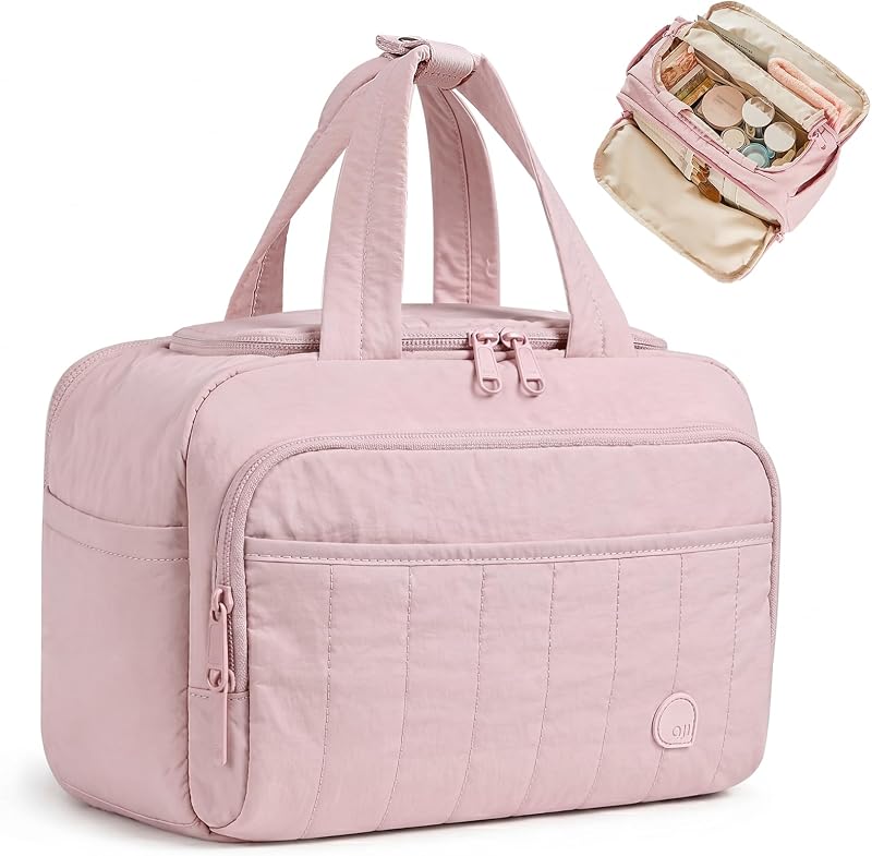 Necessaire de viagem aji com 7 compartimentos, abertura ampla, alça para mala, nylon, Soft Pink