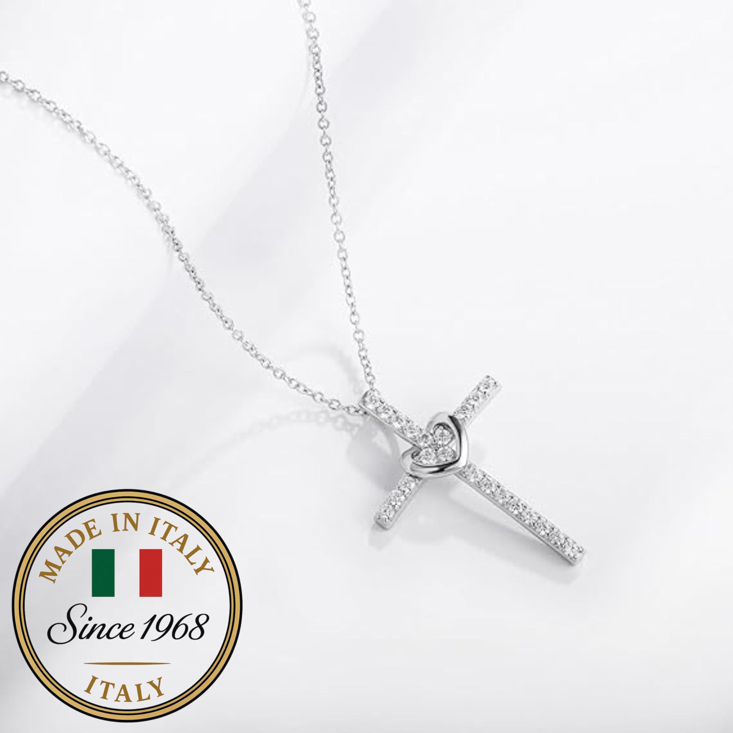 QUADRI 925 Sterling Silber Damen Kreuz Halskette - Rosenkranz oder großes Kreuz und Herz-Halskette 45 + 5 cm - Eleganter und einfacher Schmuck für Mutter Geschenk Mutter Freundin Schwester