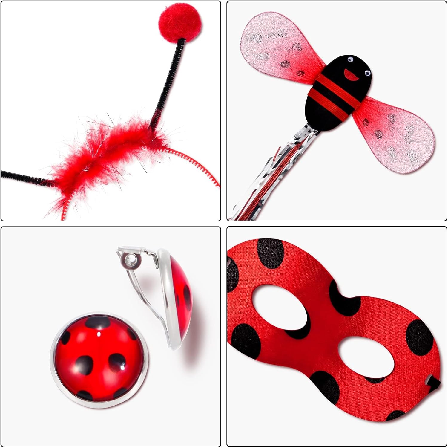 Lady Bug Dress Costume for Girls Polka Dots Tutu Dress Halloween Birthday Dress Up Pretend Play for Kids 3-8