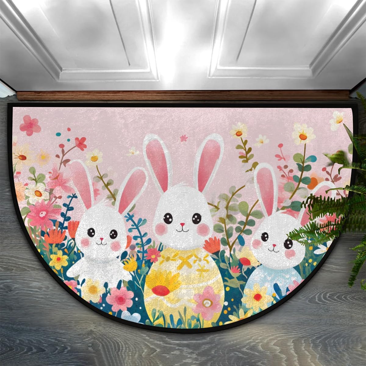 cfpolar Half Round Door Mat Flower Eggs Bunny Easter Non-Slip Semi Circle Area Rug Washable Semi Circle Floor Rug for Indoor Outdoor Living Room Bathroom Kitchen Patio Hearth Rugs Home Decoration