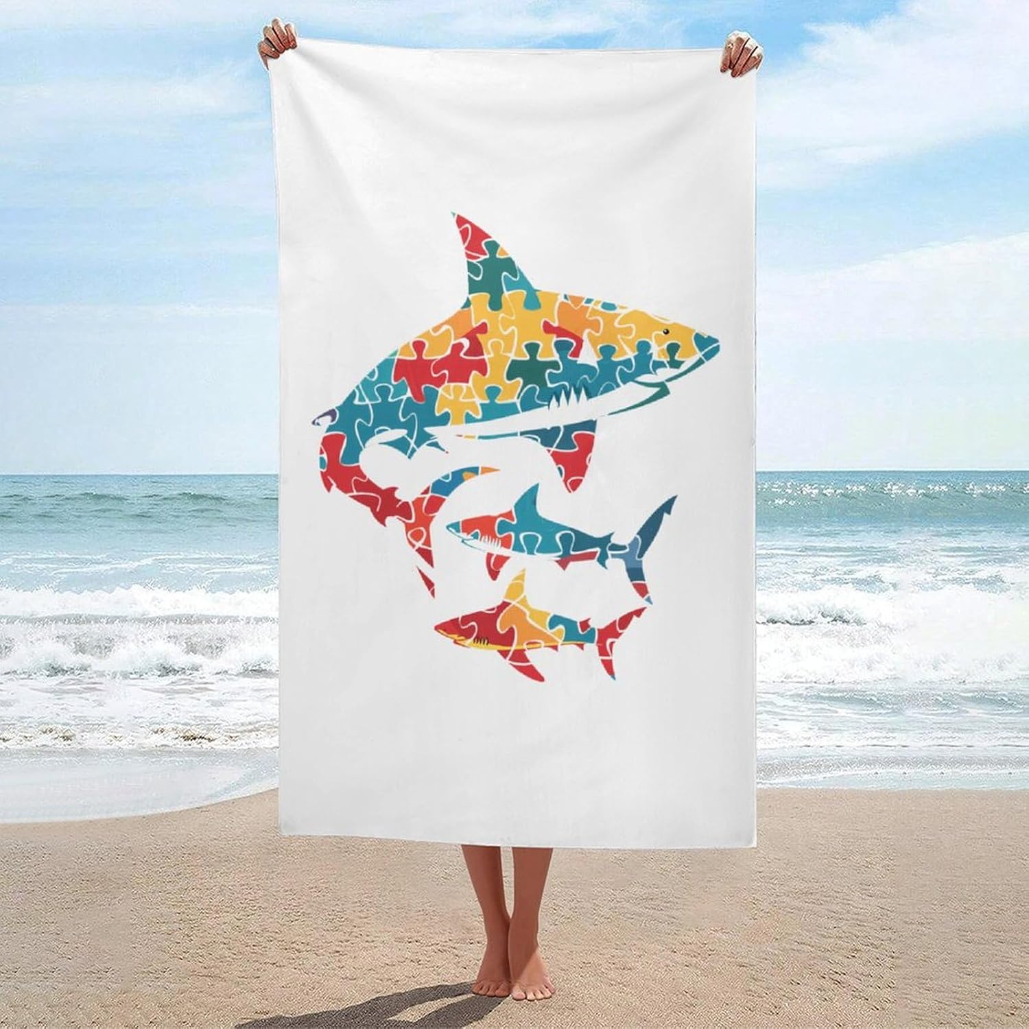 Daddy Shark Puzzle Piece Autism Awareness Bath Towel Beach Towels Quick Dry Oversized Bath Blanket Highly Absorbent Towel for Women Men 160x80cm