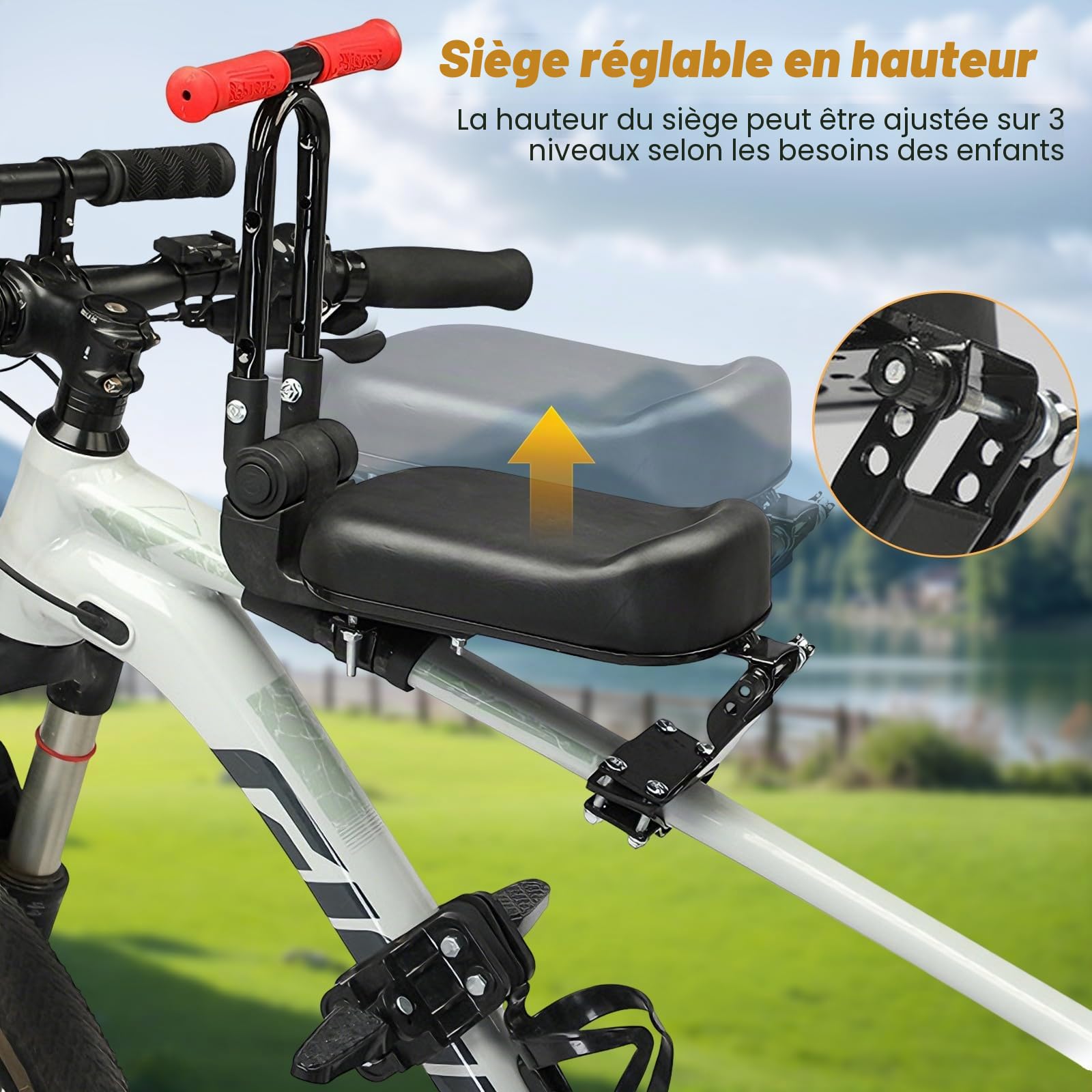 Lot de 3 Sièges de Vélo Monté à Avant pour Enfant avec Guidon et Repose-Pied, Ultra léger, Portable, Pliable, sans Outil