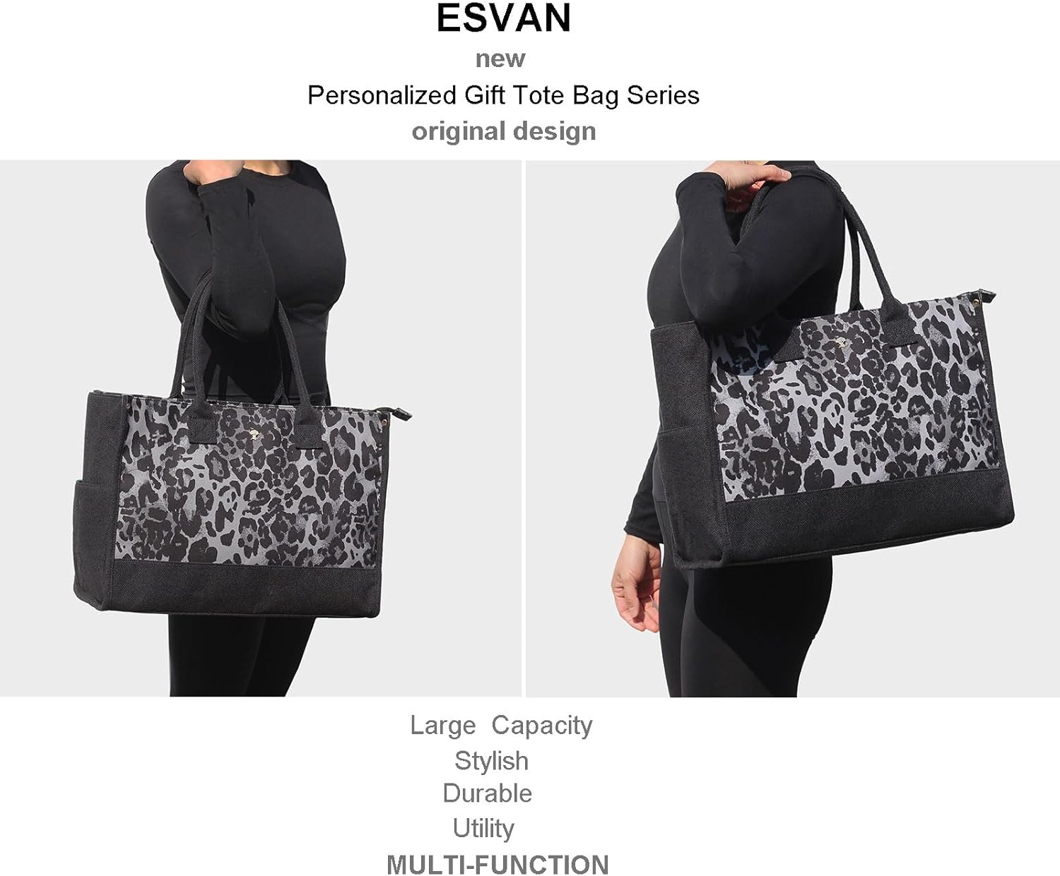 ESVAN Personalized Gifts Canvas Tote Linen Bags Handbags Top Zipper Closure Initial Retro Utility Tote