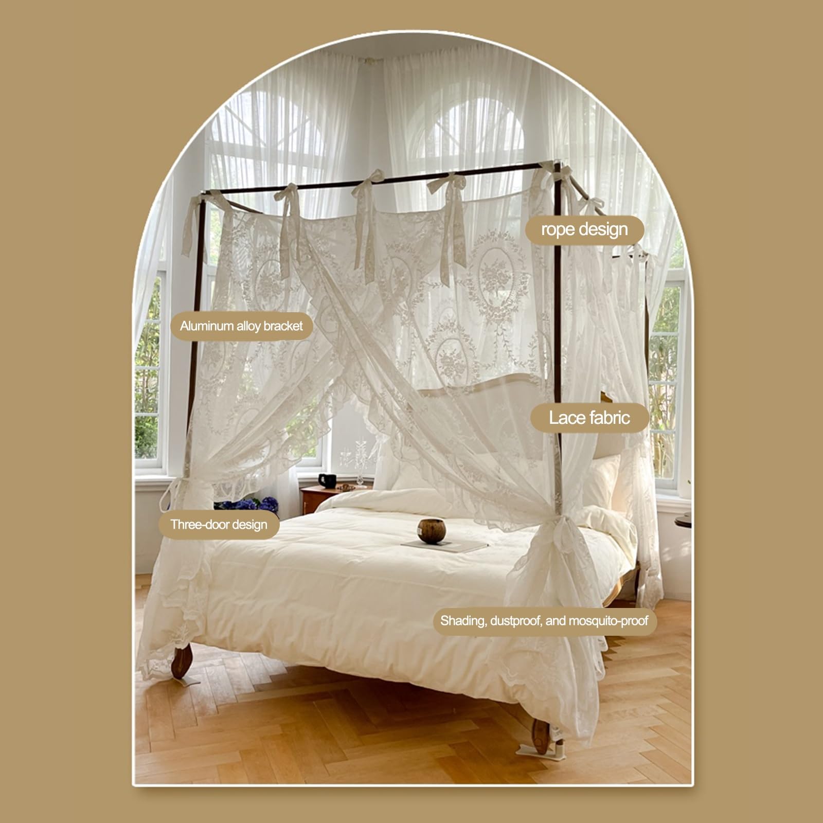 SARKEY 4-Pfosten Prinzessinnen Betthimmel,romantisch Für Mädchen Und Frauen,Bettvorhang, Baldachin Für Erwachsene,Hochzeit,Schlafzimmer,Kinderzimmer,Dekoration(180x220x210cm(71"x87"x83"))
