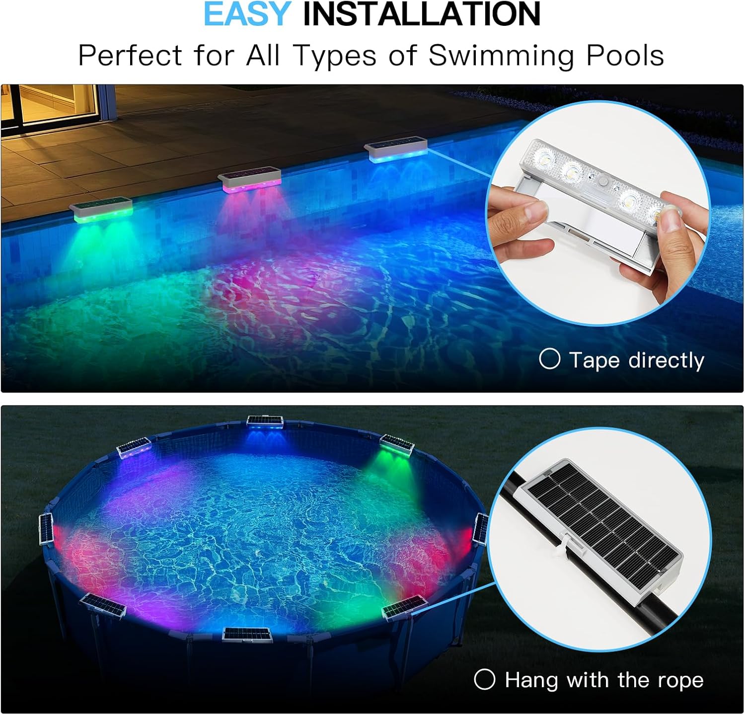 Solar Pool Lights for Inground Pool, IP68 Waterproof with 12 Color Changing Modes, Solar Powered LED Lights for Above Ground Pools, Stairs, Steps, Patio, Backyard Fence & Yard Decoration