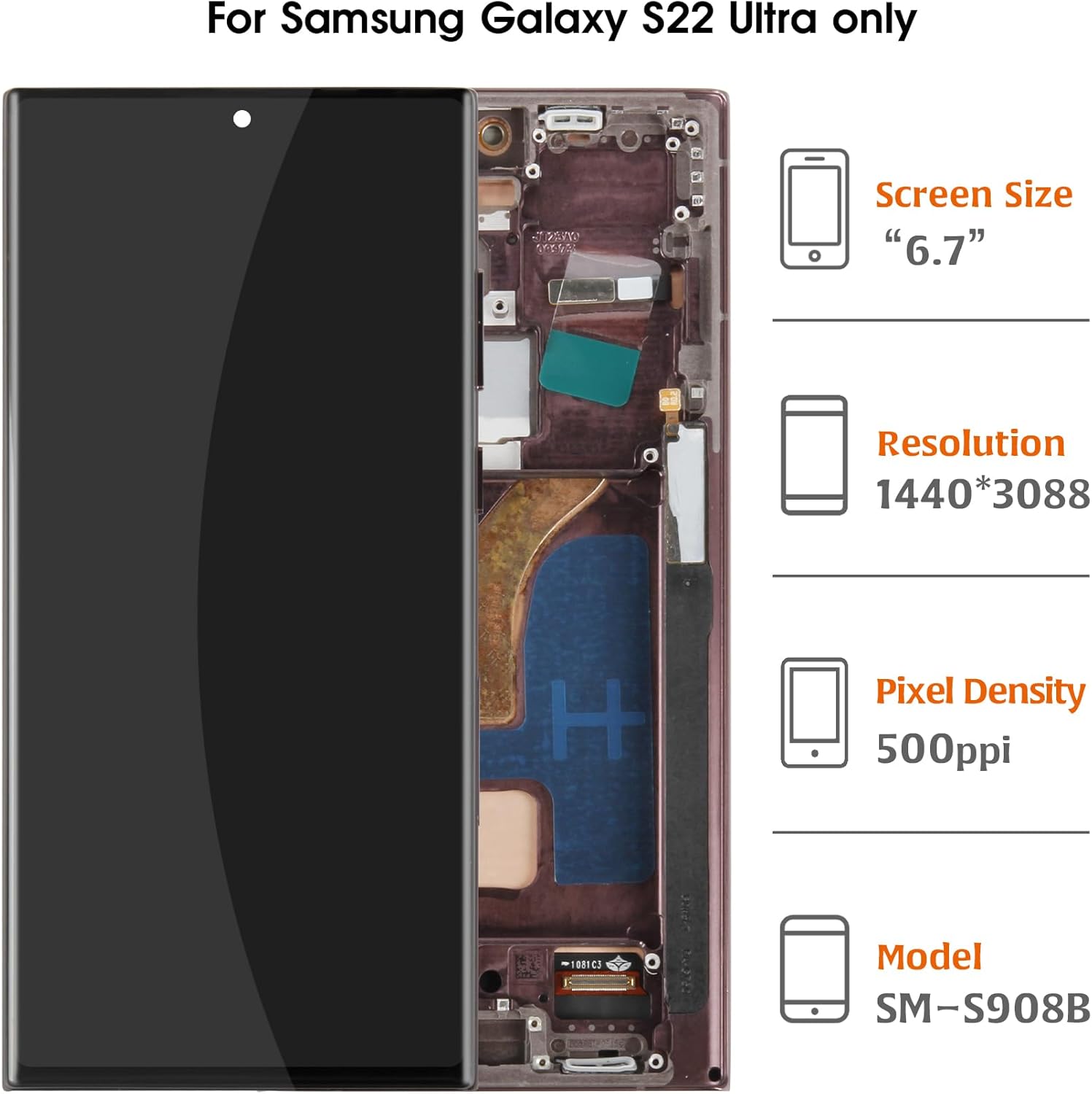 InCell S22 Ultra Display Screen Replacement (No Fingerprint Function) with Burgundy Frame for Samsung Galaxy S22 Ultra SM-S908B/U/U1/W LCD Screen Touch Digitizer Assembly