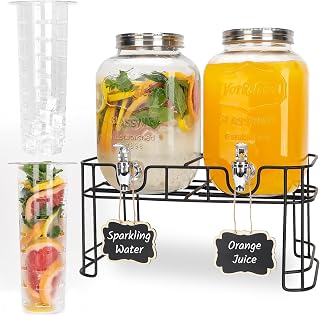 Betrome 2-Pack 1 Gallon Glass Beverage Dispensers with Stand, Leak-Proof Spigots & Chalkboard Labels for Parties