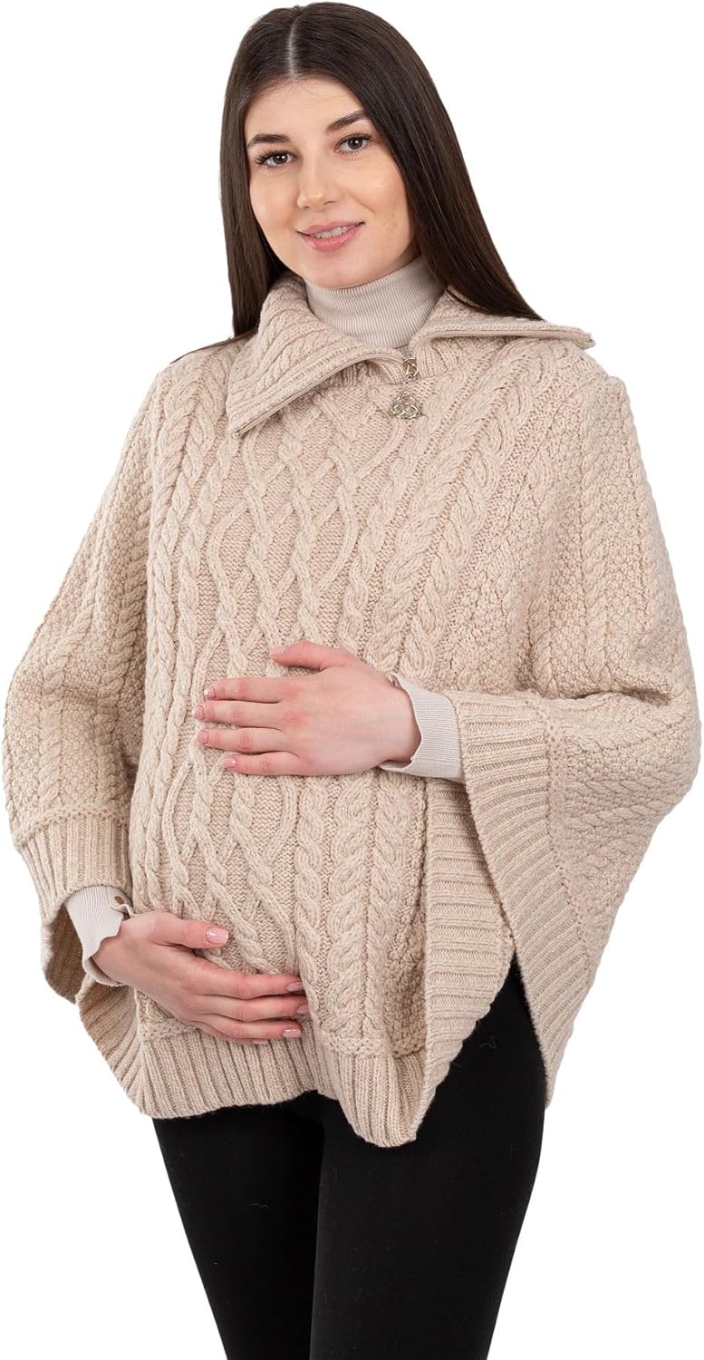 SAOL Pregnancy Ladies Poncho 100% Merino Wool, Cowl Neck Zipper, Made in Ireland