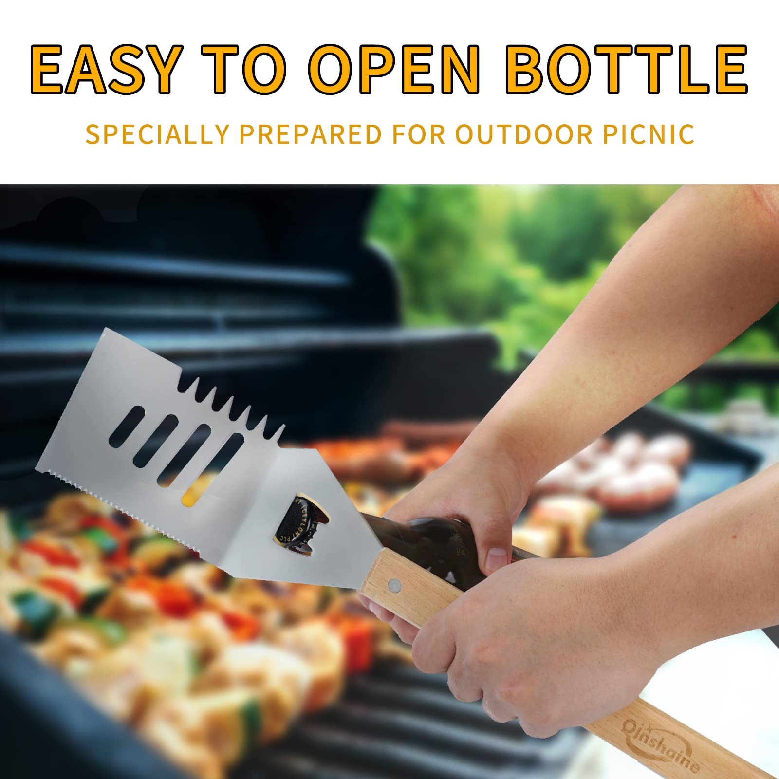 Espátula de barbacoa 4 en 1, espátula multifunción con mango de madera, perfecta para parrillas de barbacoa y kebabs para camping.
