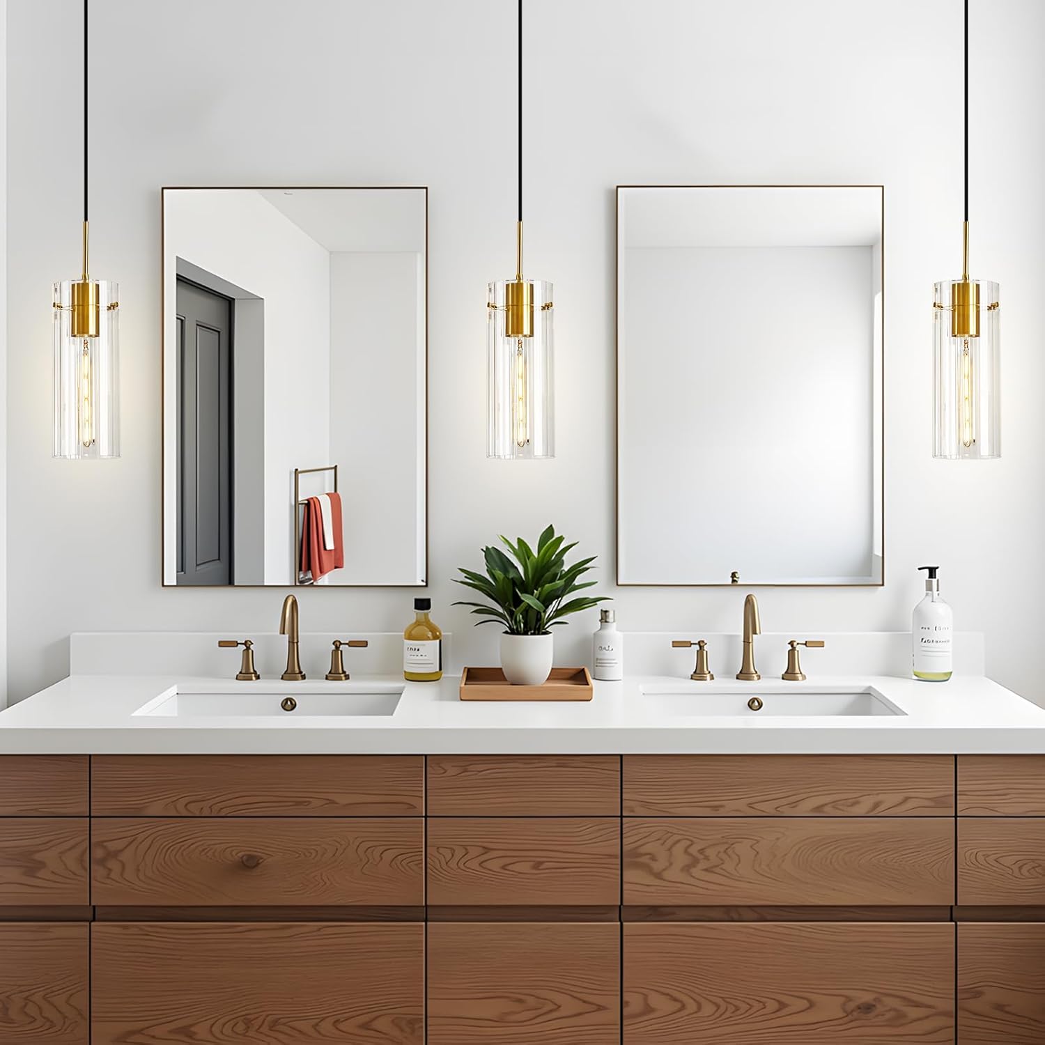 Gold Pendant Light Fixtures, 3 Pack Modern Pendant Lighting with Clear Striped Glass Shade, Hanging Pendant Lights Kitchen Island, Farmhouse Pendant Lighting for Dining Room Bedroom Bathroom Gold - 3 Pack