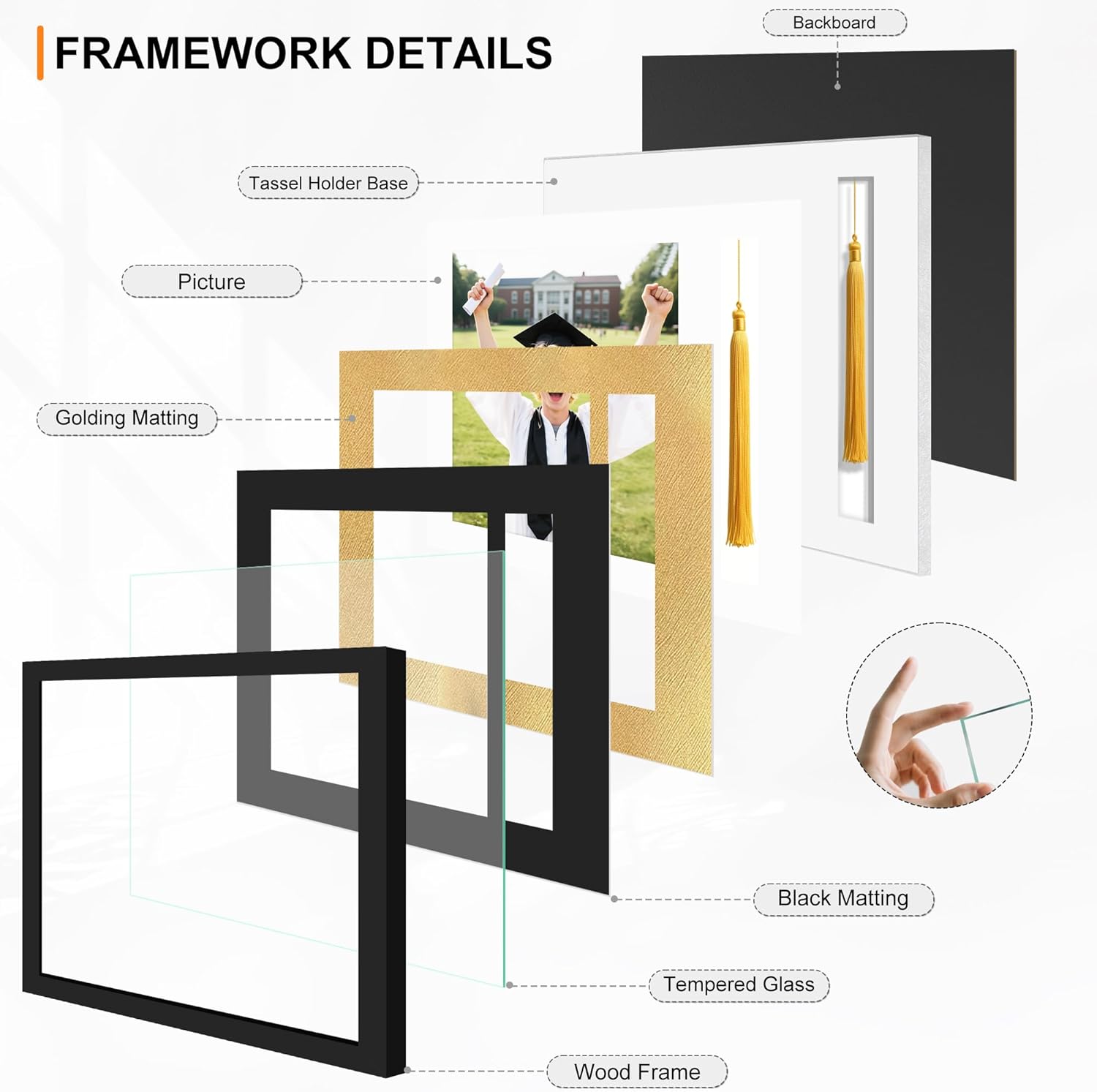 Picrit Photo Frame with Tassel Holder for 8x10 Pictures with Tempered Glass, Class of 2025 Graduation Decoration Gift, Black over Gold Mat, Wall or Tabletop Display
